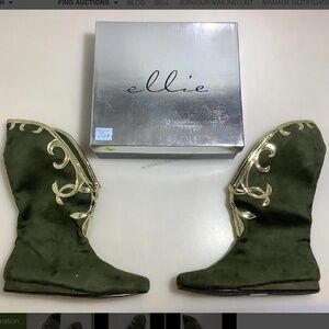 Ellie Shoes E-103-Alba Flat Microfiber Boot Olive with Gold Trim NIB Size 10